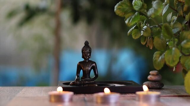 buda en entorno de tranquilidad, velas encedidas, planta con hojas verdes, piedras en pila, y fondo colorido
