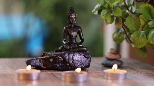 estatua de buda sobre una piedra, en primer plano velas encendidas, en costado unas piedras apiladas y unas hojas verdes, al fondo colores desenfocados