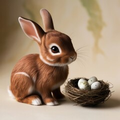 Cute brown rabbit and nest with eggs. Symbol of easter festival animal