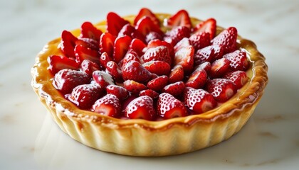 Delicious Tarte Aux Fraises with Fresh Strawberries and Cream on Marble Background