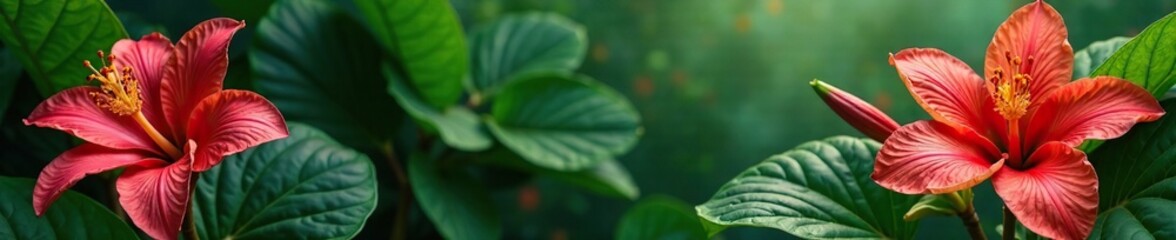 Fototapeta premium Exotic, tropical flowers with intricate details in a lush green environment, tropical, green