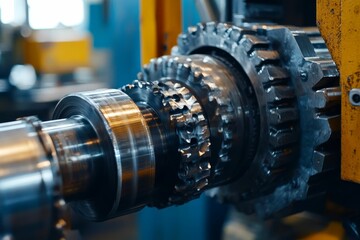 Obraz premium Close-up industrial machinery; metallic gears, shafts.