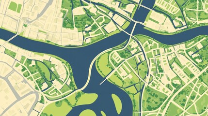 Aerial view of city with river and green spaces.