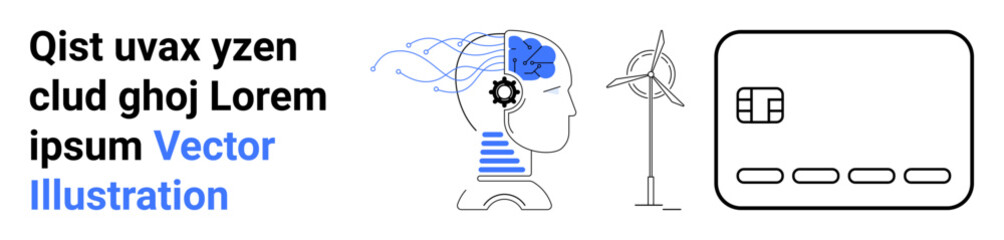 Human profile with gears and brain symbolizes technology. Nearby wind turbine suggests renewable energy. Credit card indicates financial theme. Ideal for tech, energy, finance, innovation