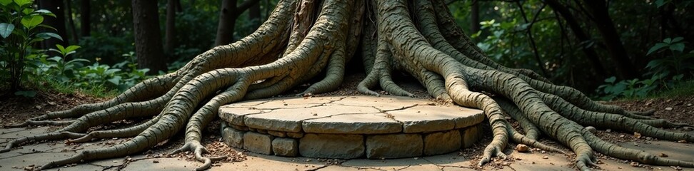 Ancient tree roots weave around a flat stone podium, earthy, tree roots, ancient