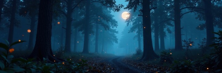 Dark forest with misty atmosphere and twinkling lights, moonlight, darkness