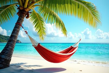 Naklejka premium Hammock swaying gently in the breeze on a palm tree, wind, hammock