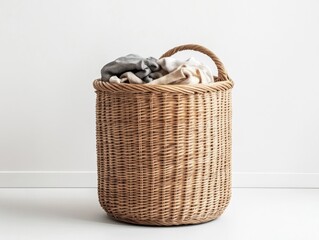 A wicker laundry basket filled with folded clothes sits on a white floor against a white wall.
