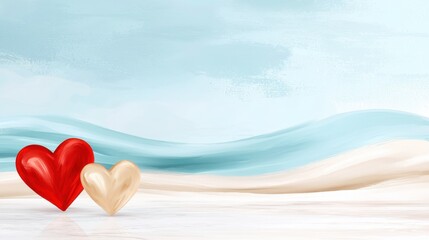 Fototapeta premium Two red and white hearts on a beach with a blue sky