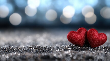 Fototapeta premium Two red hearts sitting on top of a glittery surface