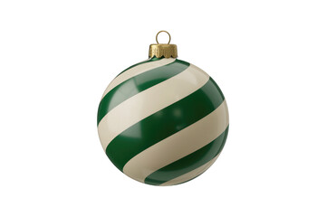 Green and cream striped Christmas ball ornament with gold topper, isolated on transparent background. background removed