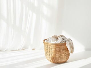 Sunlit laundry basket with beige clothes near sheer curtains in bright room.