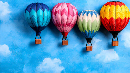 A vibrant display of colorful hot air balloons against a bright blue sky with fluffy clouds, creating a cheerful and uplifting scene.