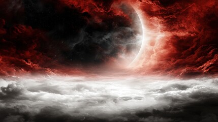 Fototapeta premium A red and black sky with clouds and a crescent in the middle