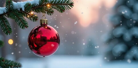 Fototapeta premium Red Christmas ball hanging from a branch against a serene snowy background with subtle bokeh blur, Christmas tree, bokeh light, winter wonderland