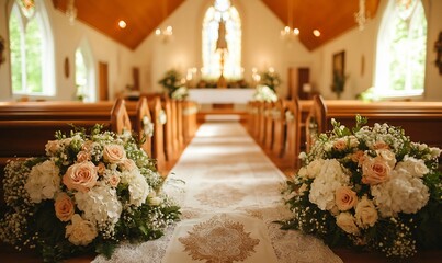 Floral aisle in church wedding ceremony