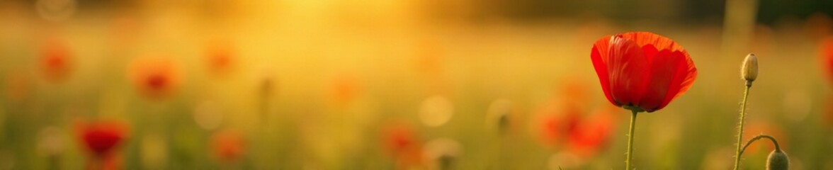 Obraz premium A single red poppy in a field with warm sunlight and soft grass, delicate petals, earthy tones