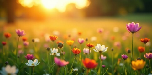 Fototapeta premium A soft focus on a field of flowers with a warm golden light, landscape, soft focus, warm light