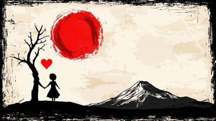 A couple holding hands under a tree with a red sun in the background