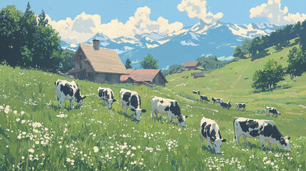 Cows Grazing in Mountain Pasture 