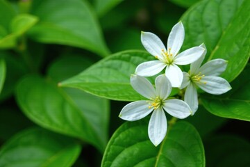 Obraz premium Large white flowers on Epimedium grandiflorum leaves in undergrowth, flower buds, garden flora