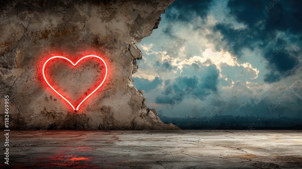 Poster A red neon heart in the middle of a concrete wall