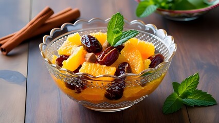 Moroccan Orange and Date Salad with Cinnamon and Mint in Glass Bowl