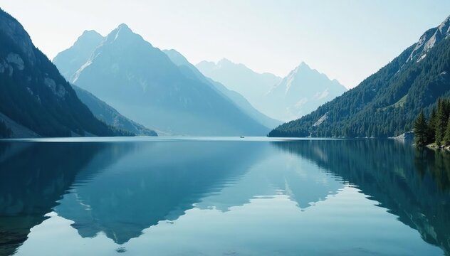 Serene lake waters reflect misty mountain peaks, lake, water, stillness