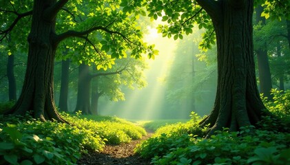 Obraz premium Dappled shade and sunlight filtering through leafy branches, leaves, forest