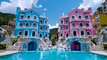 Naklejka premium Colorful twin buildings in blue and pink, surrounded by water and greenery, create a vibrant and playful atmosphere.