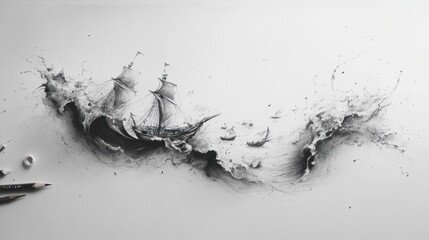 Graphite sketch of a ship engulfed in a stormy sea.