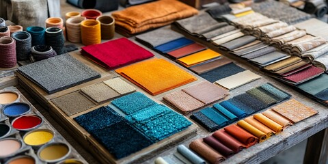 Naklejka premium Fabric swatches, textile samples, workshop