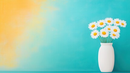 Vibrant Daisy Flowers in White Vase Against Colorful Background with Turquoise and Yellow Gradient for Cheerful Home Decor and Floral Nature Themes