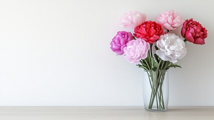 Fototapeta premium Vibrant peonies in glass vase against minimalist background
