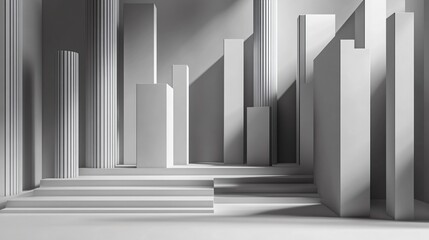 Obraz premium Abstract Monochromatic Architectural Scene with Columns and Platforms