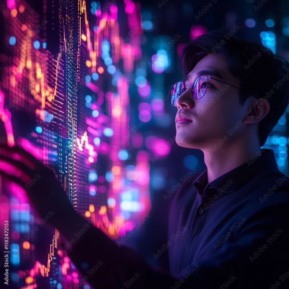 Poster korean man analyzing futuristic financial charts in cyberpunk setting