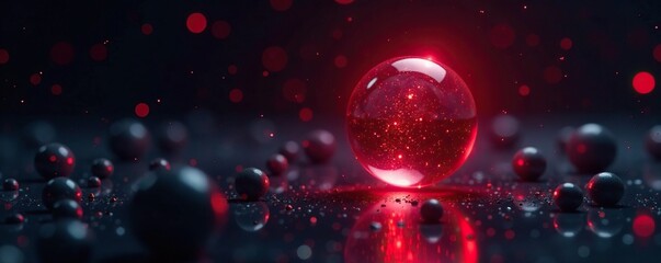 Single bright red sphere in a dark space filled with black spheres, glow, spheres, void