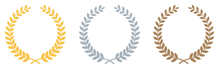Set of rank emblems. First, second and third place award in laurel wreath icon. Gold, silver and bronze laurel wreath. Winner medal award set. 1, 2, 3 place. Flat design. Vector illustration.