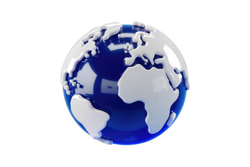Fototapeta premium A stylized 3D rendering of Earth, blue continents, white landmasses, glossy surface. background removed