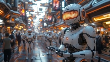 Fototapeta premium Futuristic Robot Stands Amidst Crowded City Street