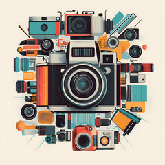 Fototapeta premium Collage of cameras, from vintage film models to modern digital designs. International Day of the Cameraman and Photographer