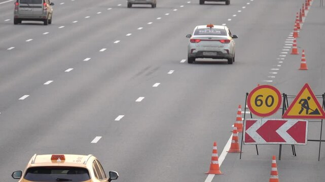 Moscow May 19 2024, close-up of temporary speed limit signs, road closures and detours. Road repairs