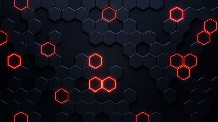 Abstract black and red futuristic background with hexagon pattern. 3d render.