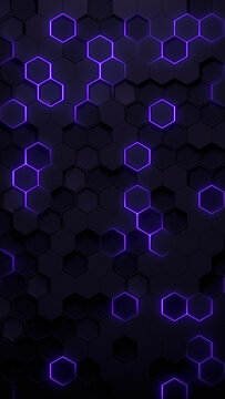 Abstract black futuristic background with hexagon pattern with purple glow. 3d render