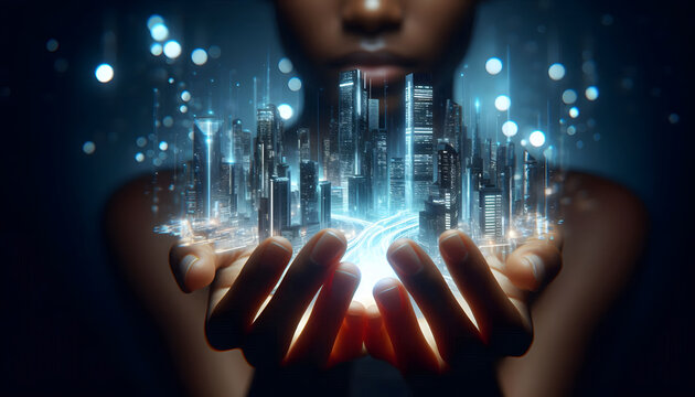 A macro, ultrarealistic, front-facing photo of a futuristic cityscape faintly glowing with digital neon-lit skyscrapers and buildings.