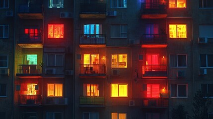 Naklejka premium Vibrant urban apartment building with colorful illuminated windows at night