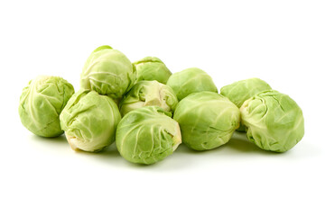 Fototapeta premium Fresh green Brussels sprouts, isolated on white background. High resolution image.