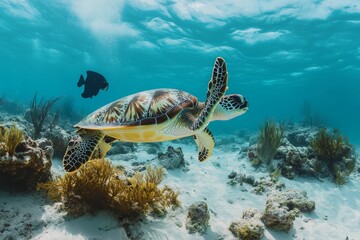 Sea turtle swims over sandy ocean floor, coral.