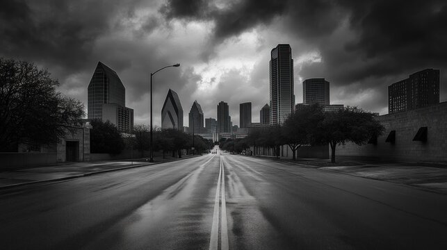 Fototapeta Dramatic black and white cityscape photo of a city street under a stormy sky.