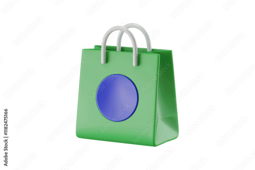 Poster green shopping bag with a blue circle logo, 3d rendering, isolated on white background. background r